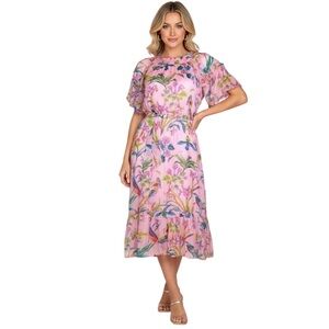 Banjanan 100% Silk Dress Chiffon MIDI Dress Floral Puff Sleeve Belted Sz XS Boho